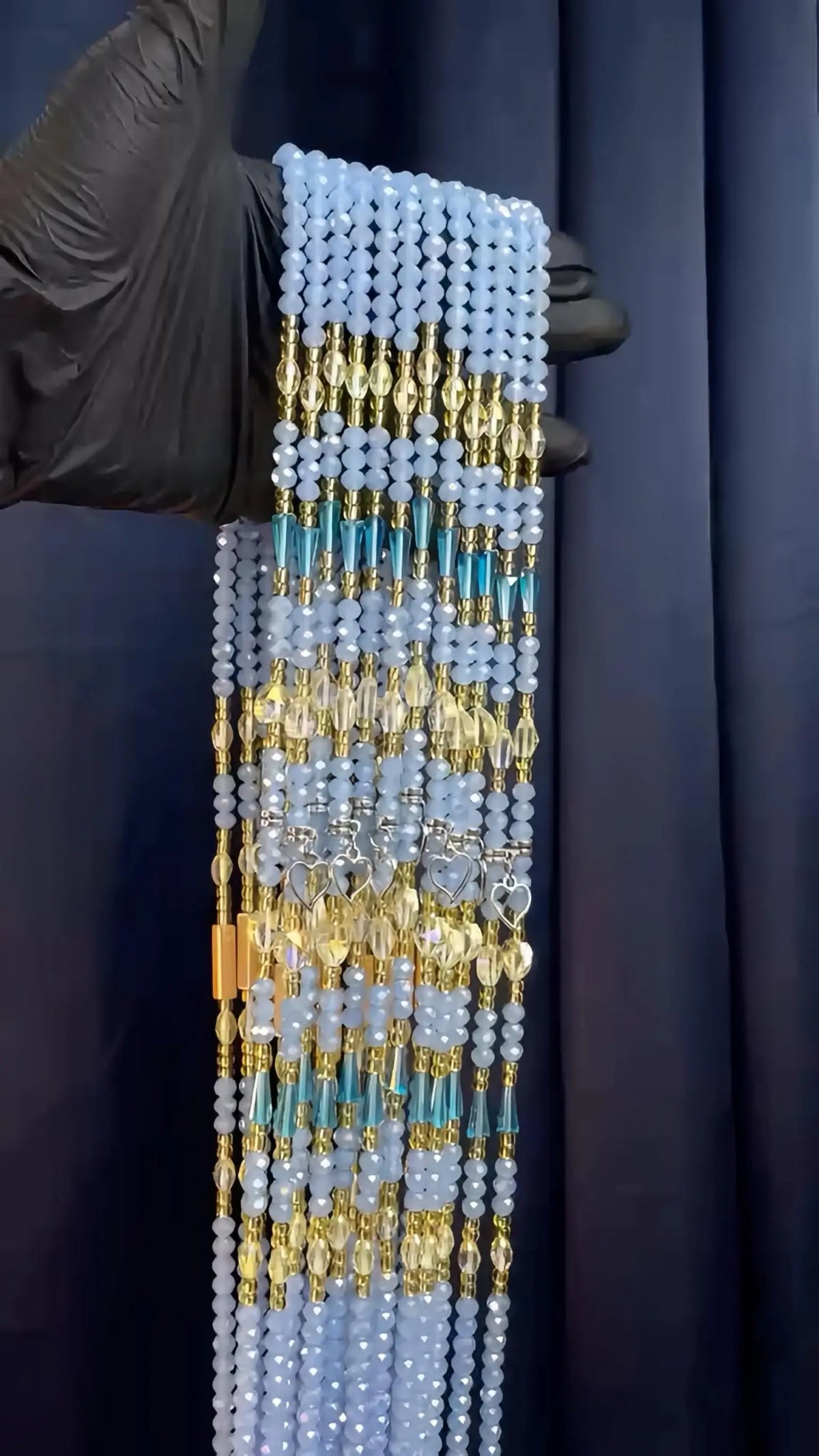 Set nanababe beaded curtain nefertiti with light blue and gold beads clear crystal drops and heart-shaped charms