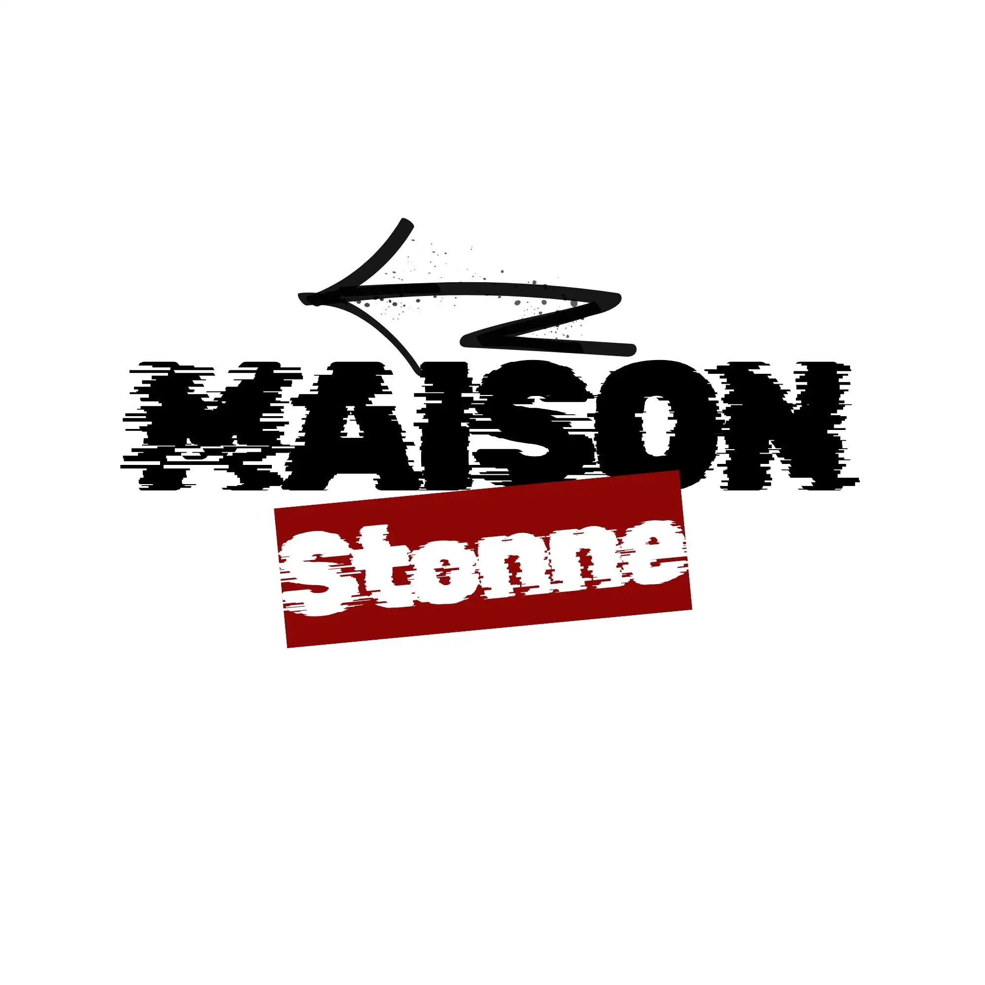 Logo Maison stonne avec un texte noir et blanc en gras et un élément de fond rectangulaire rouge.